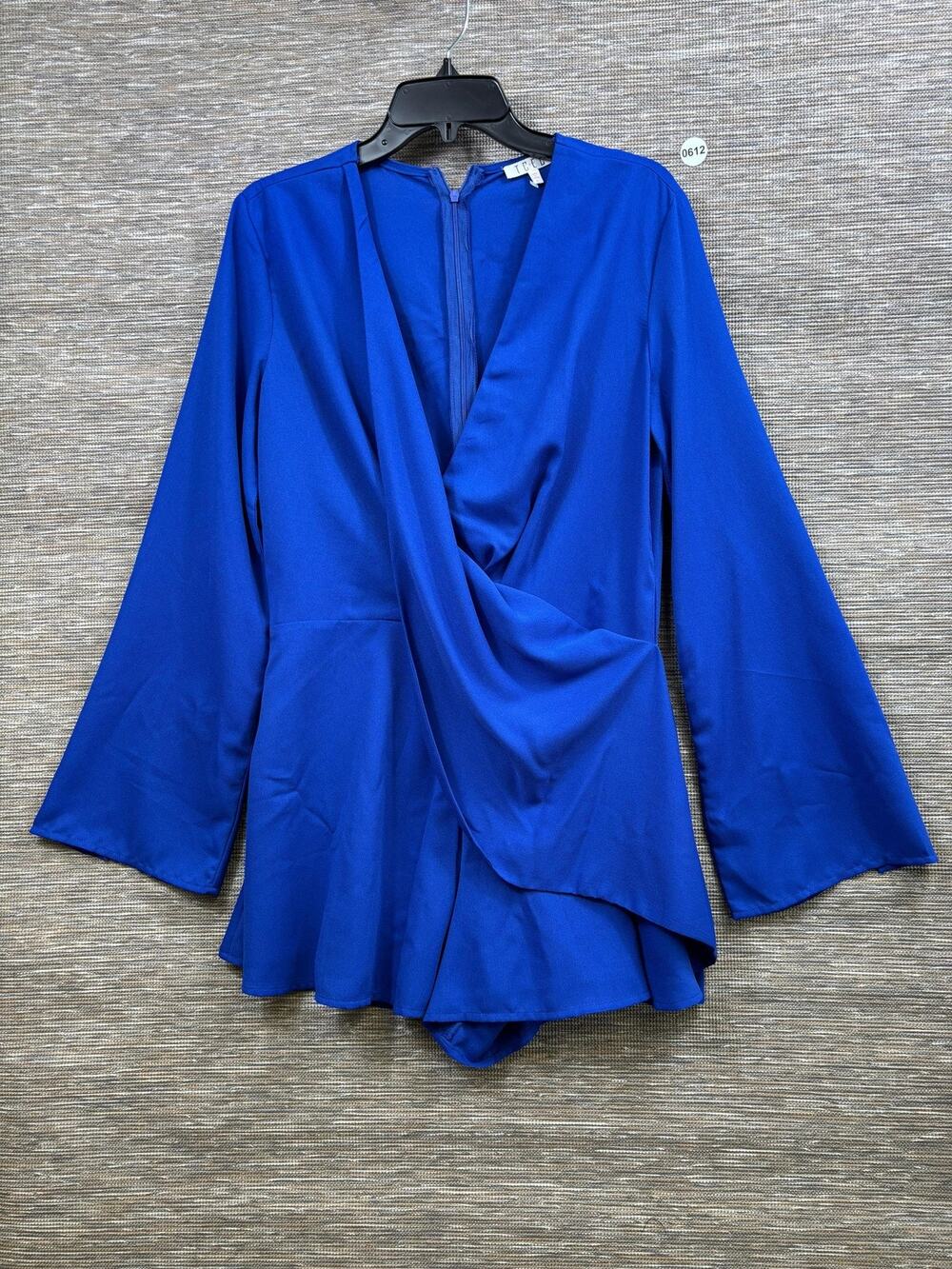 TCEC Romper Womens L Blue Wrap V Neck Long Sleeve Ruffle Peplum Lined Party